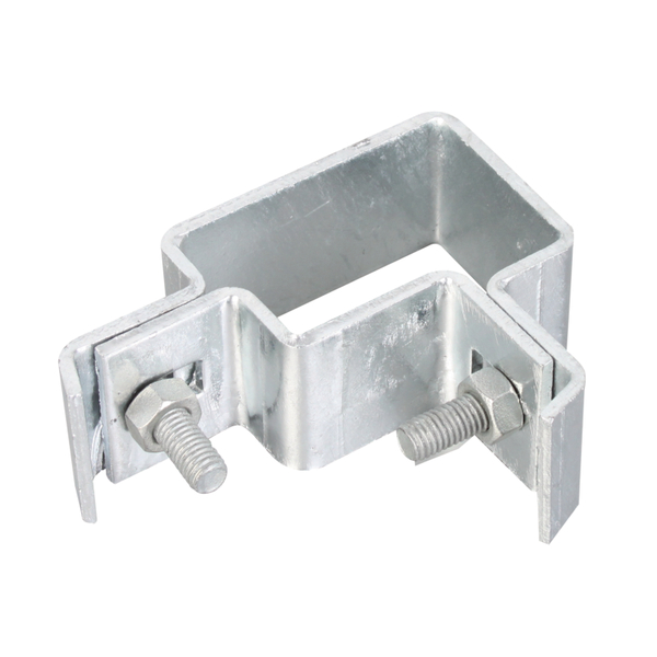 Corner clip for square posts, Material: raw steel, Surface: hot-dip galvanised, Type: two parts, For posts: 60 x 40 mm, Screw: M8, Screw length: 25 mm, 15-year warranty against rusting through